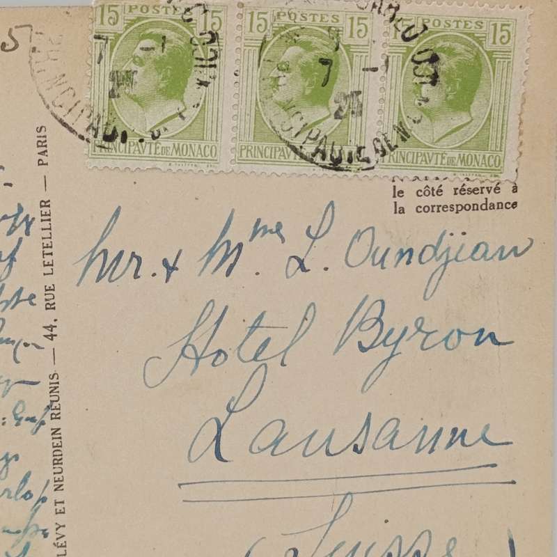 Postcard sent Manoco to Switzerland with 3 x 15 cent Monaco stamps cancelled 1925