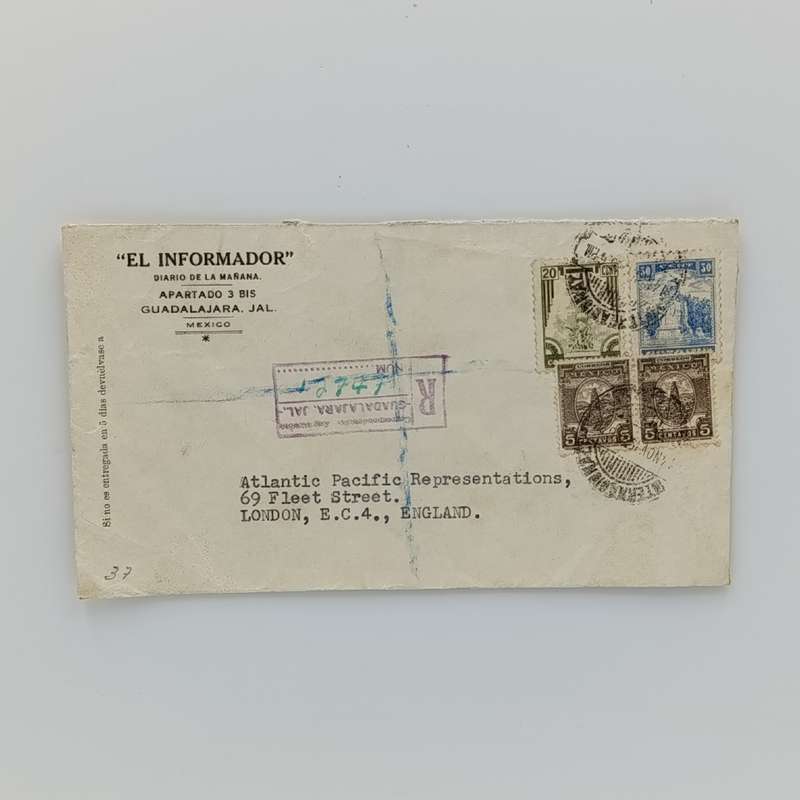 Registered cover sent from Mexico to London, England Nov 1946 with 4 Mexican stamps