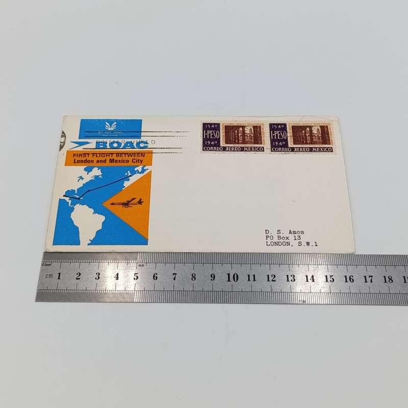 First Flight cover sent from Mexico to London 5 April 1966 on Boeing 707 - info card inside