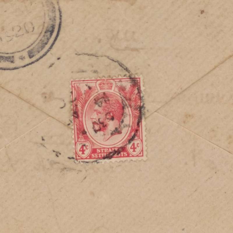 1920 cover from Malaya, Singapore to Seremban, Malaysia straits settlement 4 cent