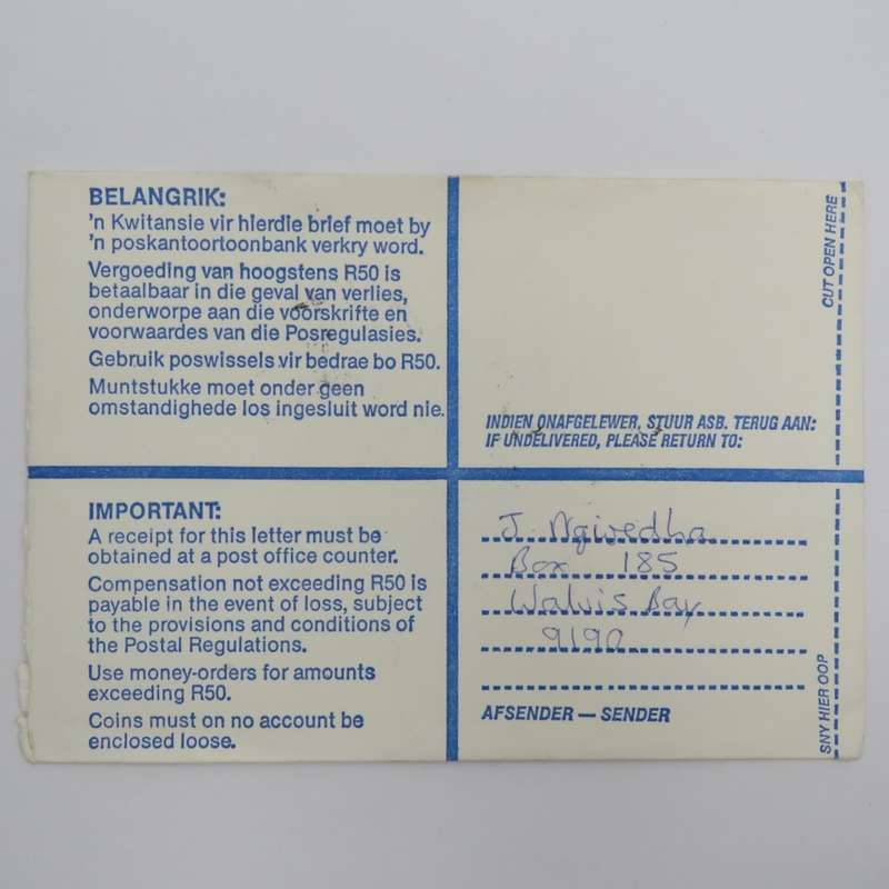 Registered letter sent from Walvis Bay on 2 Jan 1991 - Namibia became independent on 21 March 1990