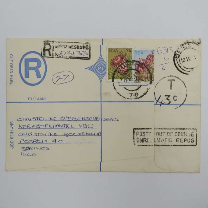 Registered cover posted from Johannesburg to springs with 2 protea stamps