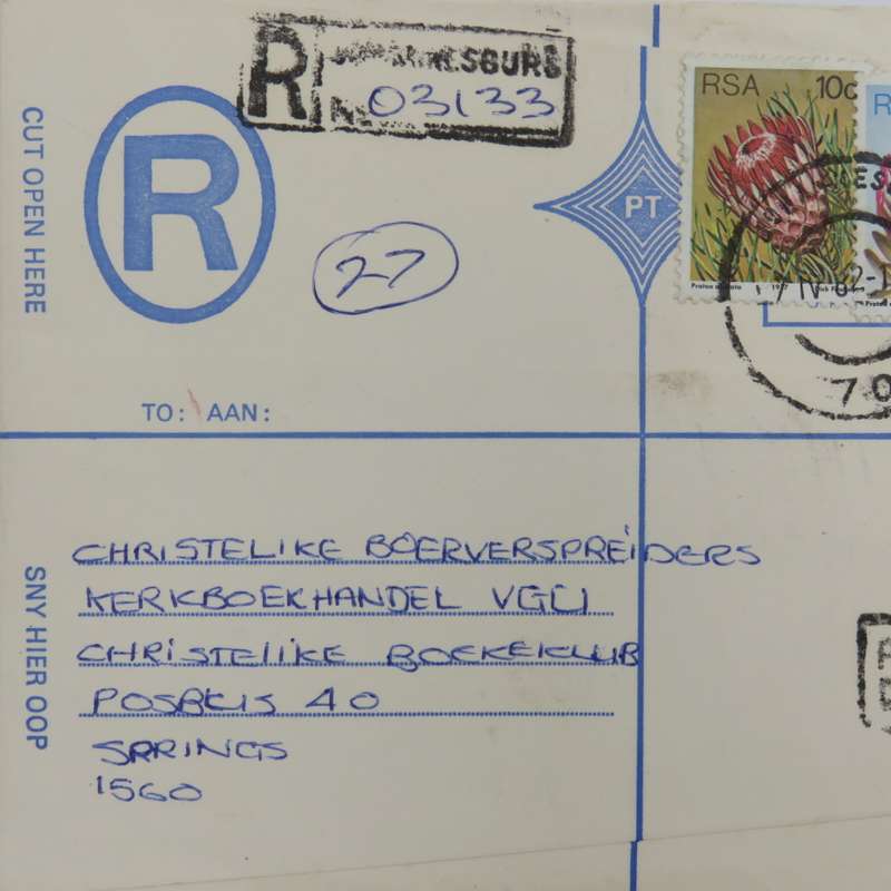 Registered cover posted from Johannesburg to springs with 2 protea stamps