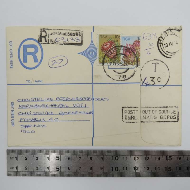 Registered cover posted from Johannesburg to springs with 2 protea stamps
