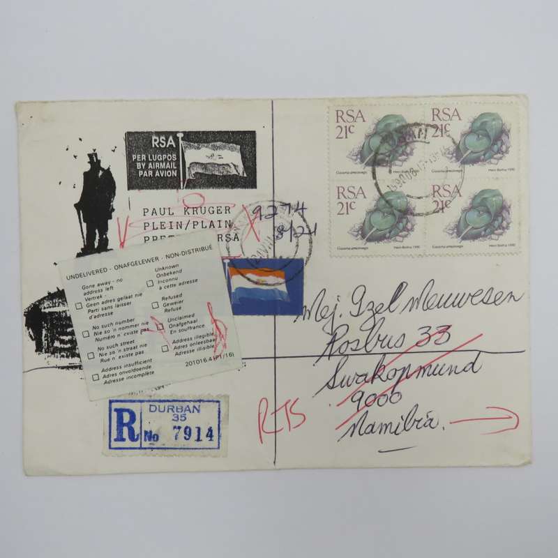 Letter on Paul Kruger Plein Stationary set from Durban to Swakopmund and returned to sender in Brits
