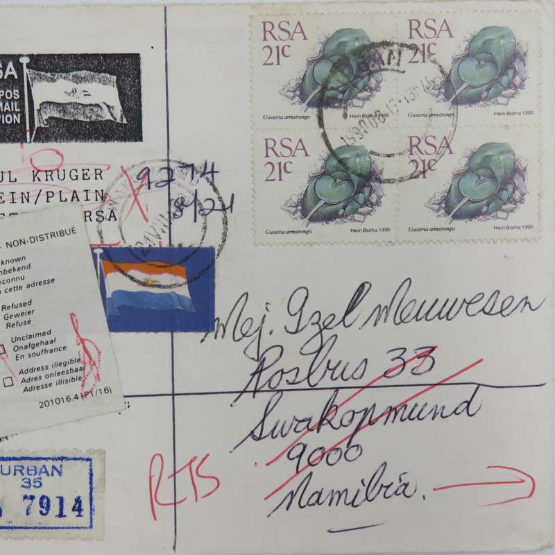 Letter on Paul Kruger Plein Stationary set from Durban to Swakopmund and returned to sender in Brits