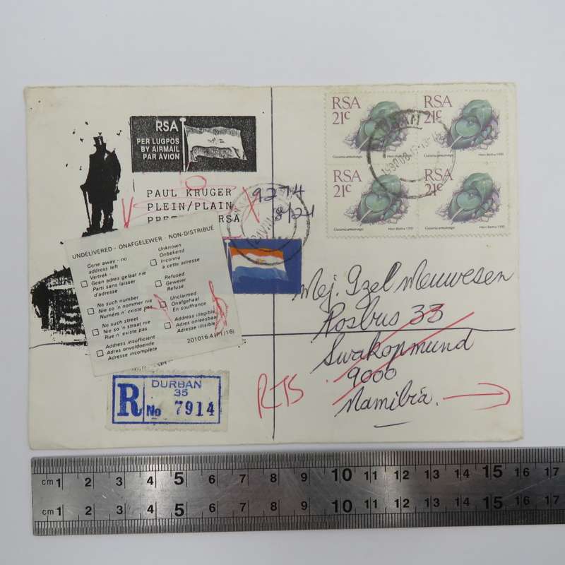 Letter on Paul Kruger Plein Stationary set from Durban to Swakopmund and returned to sender in Brits