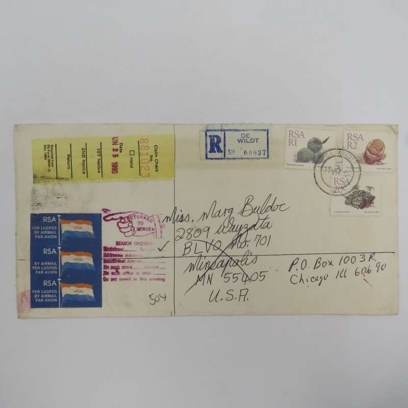 Postal cover from Dewildt, South Africa to Mineapolis, USA, the forwarded to Chicago, USA and return