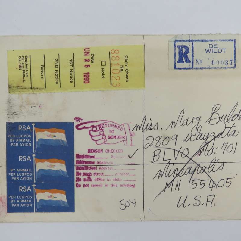 Postal cover from Dewildt, South Africa to Mineapolis, USA, the forwarded to Chicago, USA and return