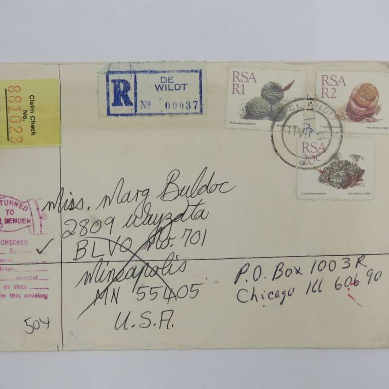 Postal cover from Dewildt, South Africa to Mineapolis, USA, the forwarded to Chicago, USA and return