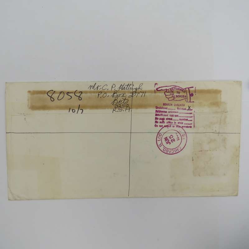 Postal cover from Dewildt, South Africa to Mineapolis, USA, the forwarded to Chicago, USA and return