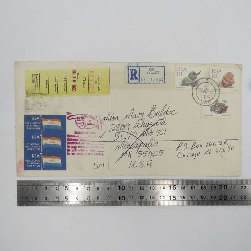 Postal cover from Dewildt, South Africa to Mineapolis, USA, the forwarded to Chicago, USA and return