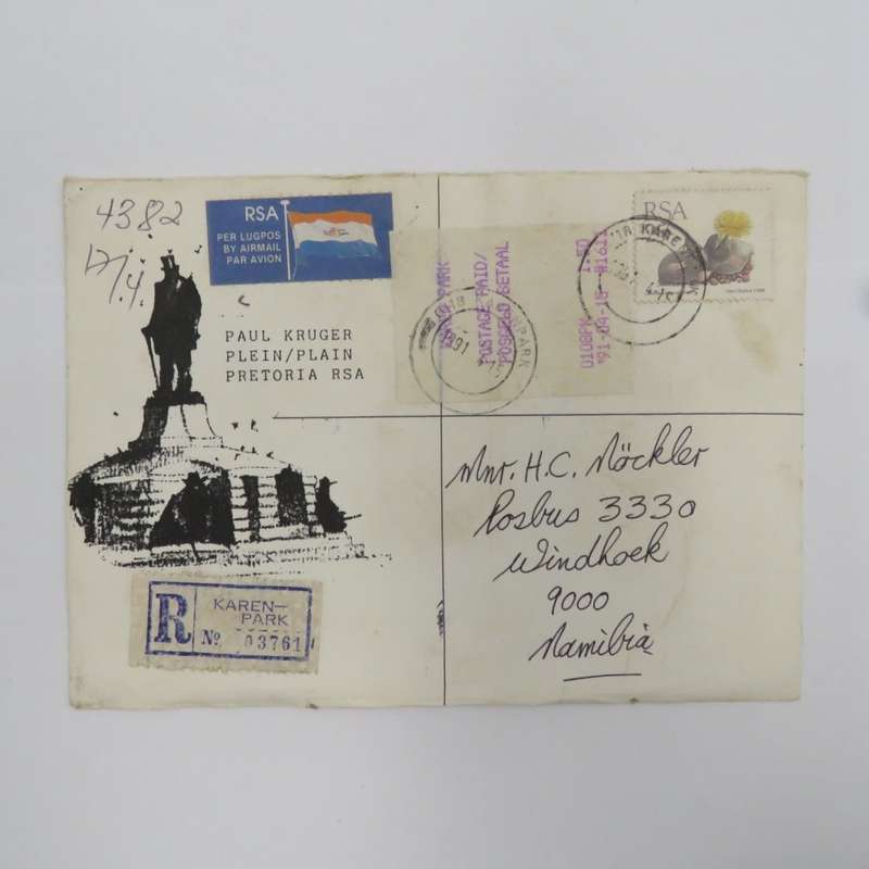 Registered letter airmail from Karenpark, South Africa to Windhoek, Namibia on Paul Kruger Plein sta