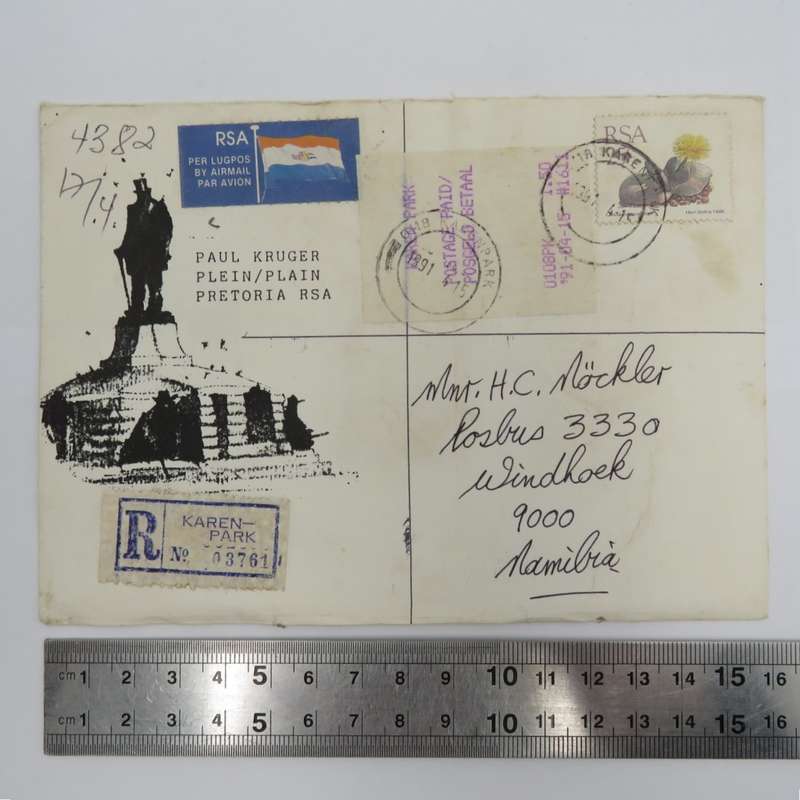 Registered letter airmail from Karenpark, South Africa to Windhoek, Namibia on Paul Kruger Plein sta
