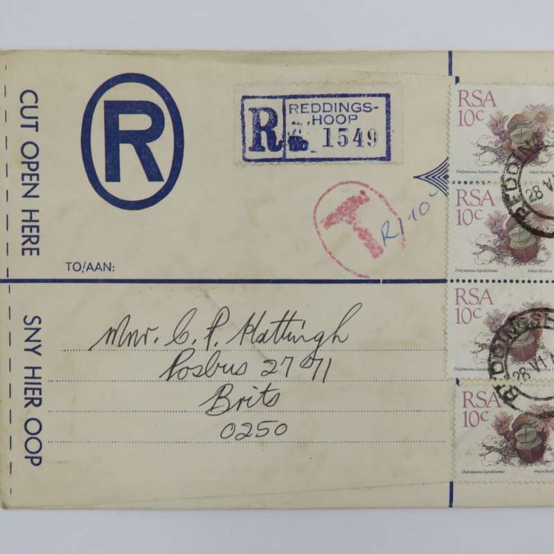 Registered letter from Reddingshoop, South Africa to Brits, South Africa posted on 28-6-1991
