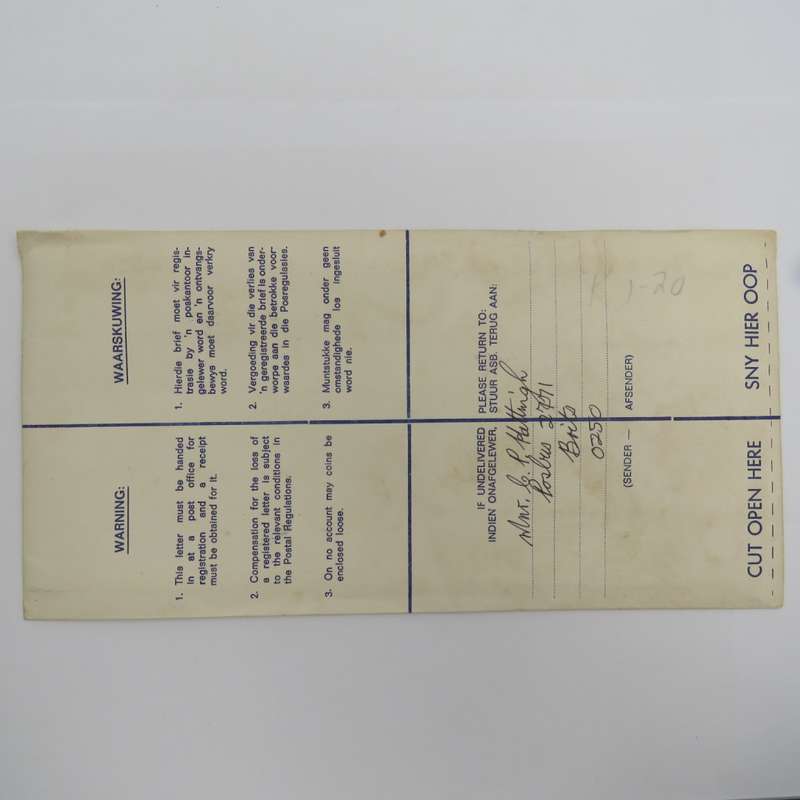 Registered letter from Reddingshoop, South Africa to Brits, South Africa posted on 28-6-1991