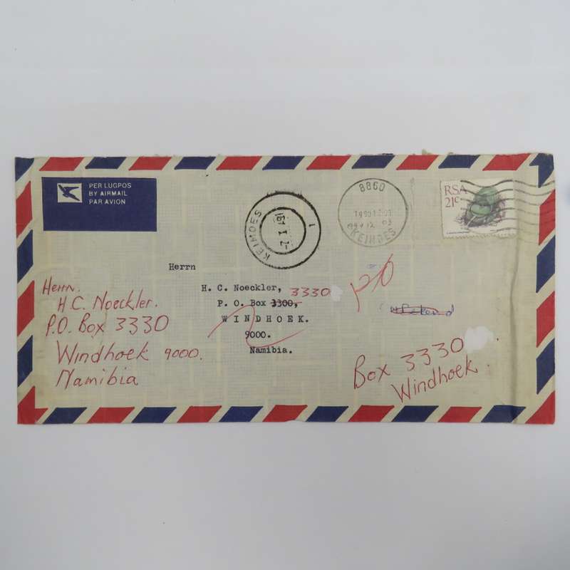Letter posted Keimoes, South Africa to Windhoek Namibia on 3-12-1990