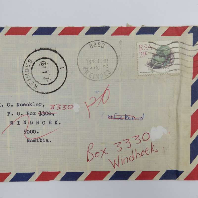 Letter posted Keimoes, South Africa to Windhoek Namibia on 3-12-1990