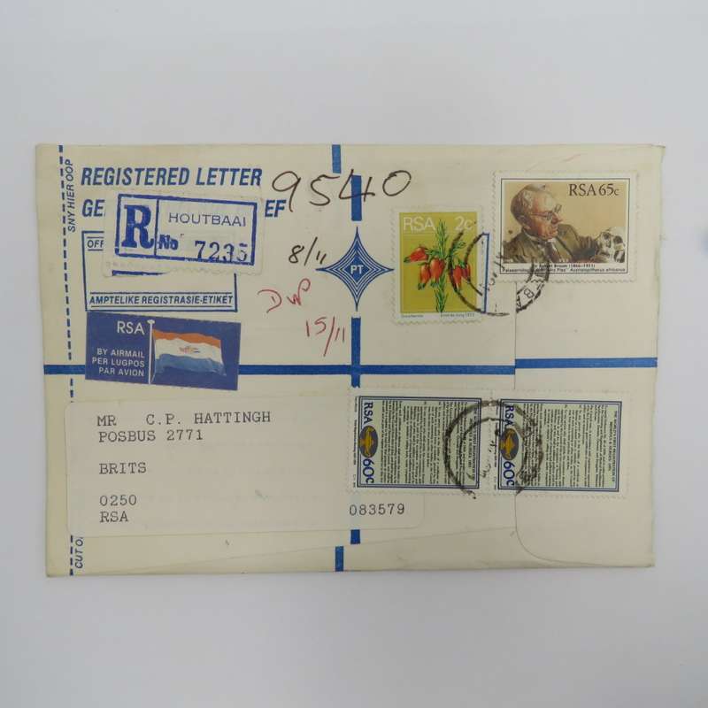 Preprinted registered letter sent from Houtbaai to Brits - South Africa 1973 & 1991 stamps used