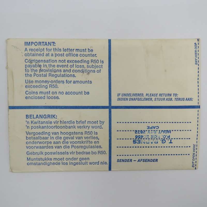 Preprinted registered letter sent from Houtbaai to Brits - South Africa 1973 & 1991 stamps used