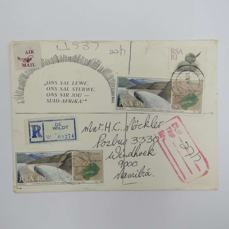 Registered airmail send from De Wildt, South Africa to Windhoek Namibia on special envelope 18-12-19