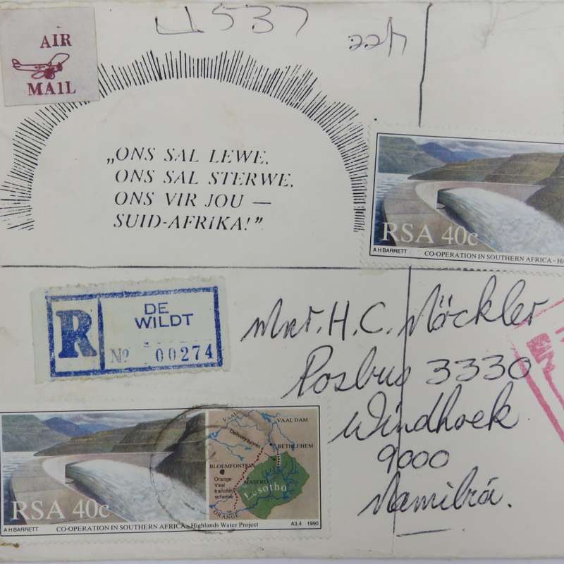 Registered airmail send from De Wildt, South Africa to Windhoek Namibia on special envelope 18-12-19