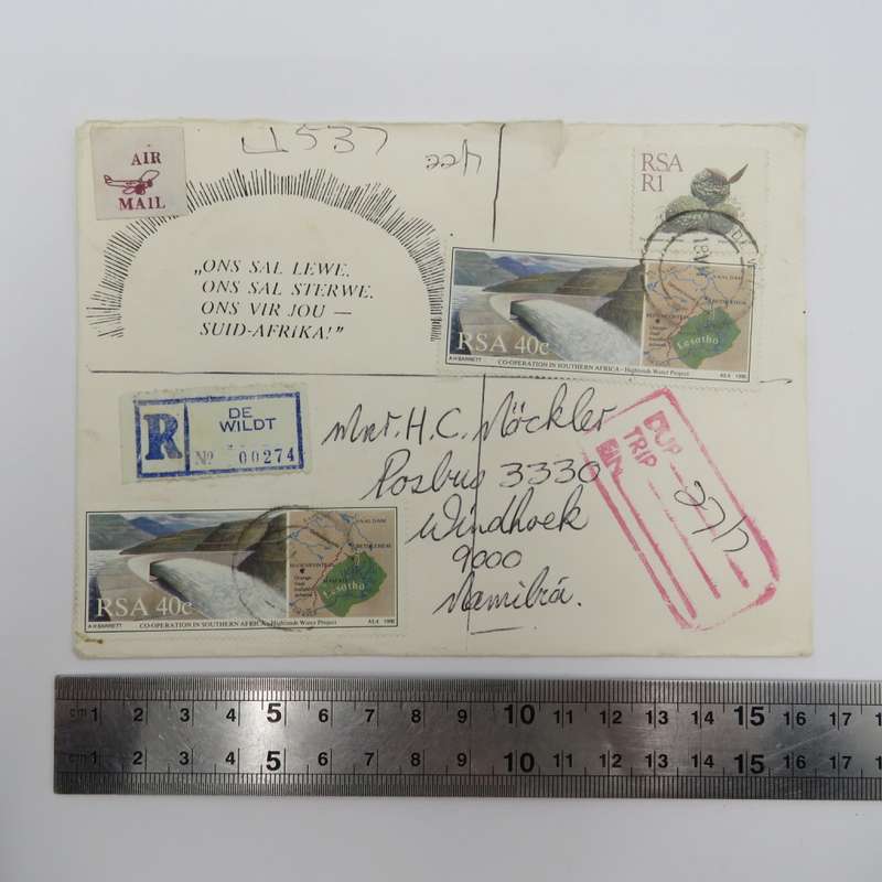 Registered airmail send from De Wildt, South Africa to Windhoek Namibia on special envelope 18-12-19