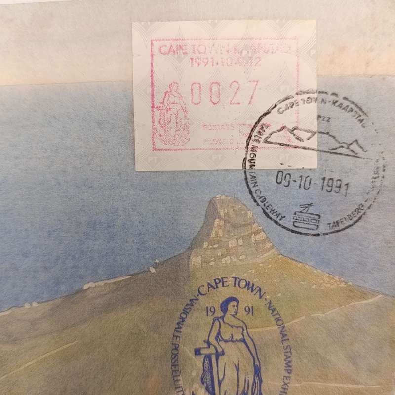 Cape Town Cableway Stationary posted on Table Mountain with Cableway franking sticker - 9-10-91