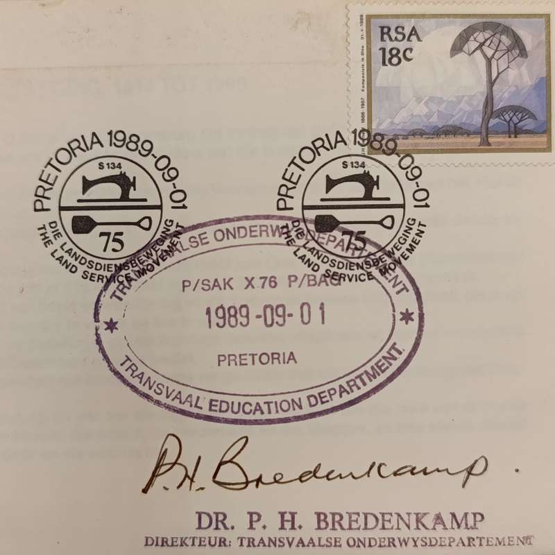 1989 Land Service Movement Cover - 75 year anniversary signed by Dr PH Bredenkamp