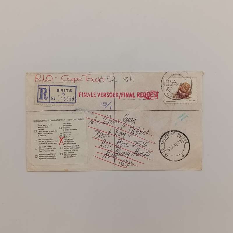 Registered Postal Cover sent from Brits to Hallway House and unclaimed - Cape Town KVOB rubber stamp