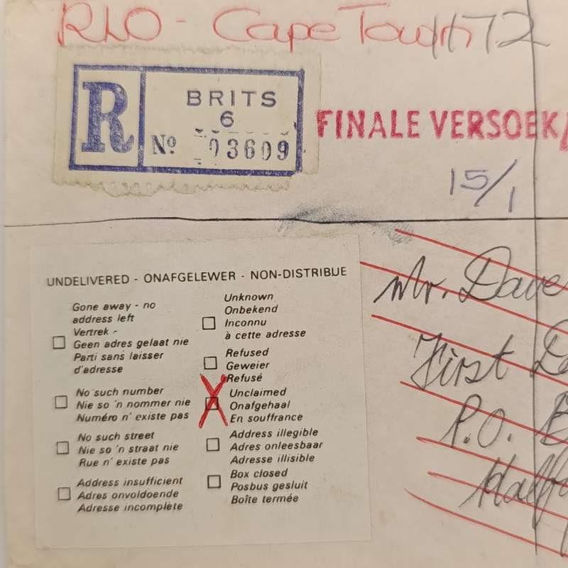 Registered Postal Cover sent from Brits to Hallway House and unclaimed - Cape Town KVOB rubber stamp
