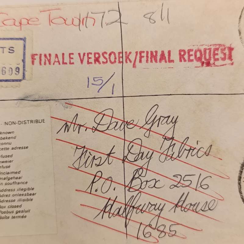 Registered Postal Cover sent from Brits to Hallway House and unclaimed - Cape Town KVOB rubber stamp