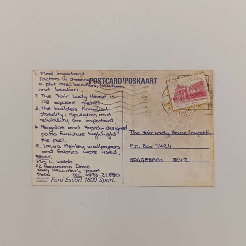 Vintage Postcard from King William`s Town to Roggebaai with Ford Escort 1600 picture