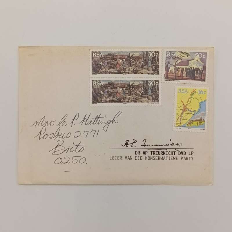 Letter addressed to CP Hattingh of Brits with 4 RSA stamps of 1988 - signed by Dr AP Treurnicht