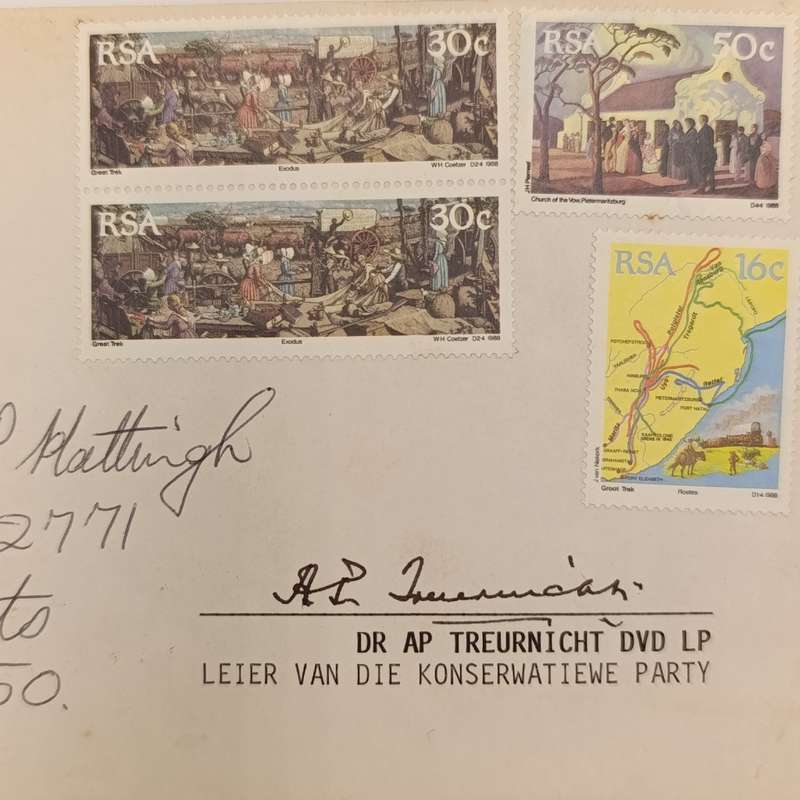 Letter addressed to CP Hattingh of Brits with 4 RSA stamps of 1988 - signed by Dr AP Treurnicht