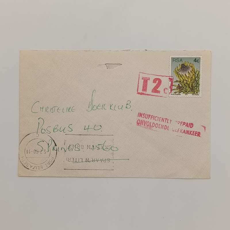 Postal cover sent from Port Elizabeth to Springs 1980 and Taxed 2 cent  insufficiently prepaid