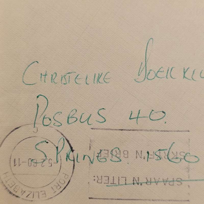 Postal cover sent from Port Elizabeth to Springs 1980 and Taxed 2 cent  insufficiently prepaid