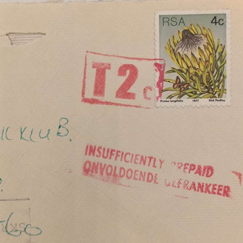Postal cover sent from Port Elizabeth to Springs 1980 and Taxed 2 cent  insufficiently prepaid