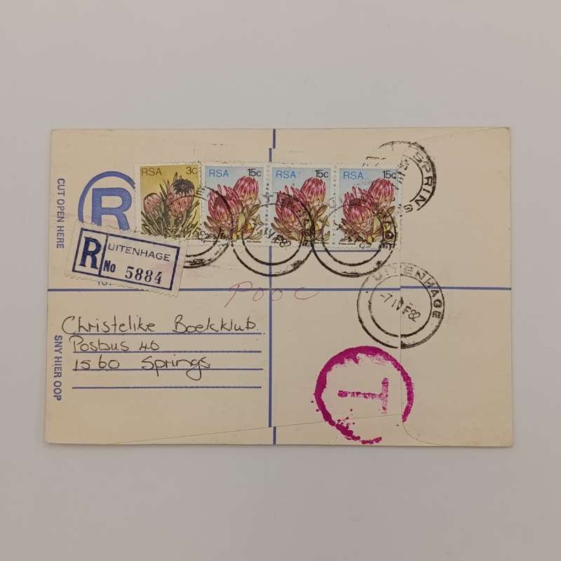 Registered cover sent from Uitenhage to Springs, South Africa 7-4-28 Taxed at Destination