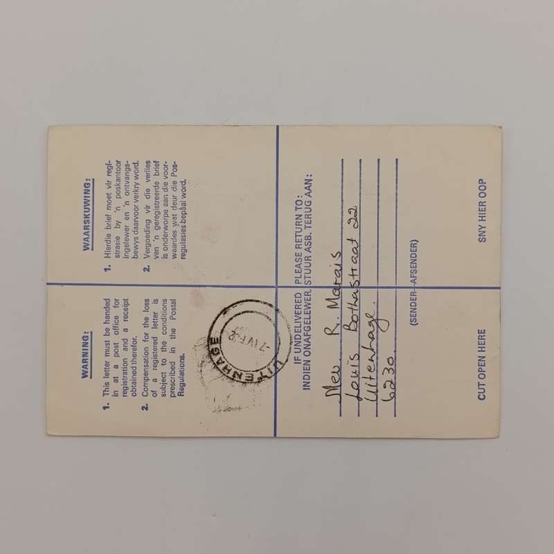 Registered cover sent from Uitenhage to Springs, South Africa 7-4-28 Taxed at Destination
