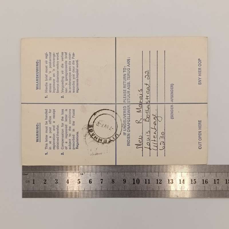 Registered cover sent from Uitenhage to Springs, South Africa 7-4-28 Taxed at Destination