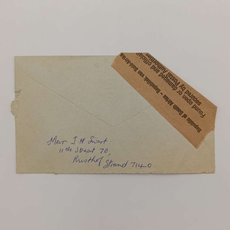 Letter posted from Strand to Springs found open or damaged and officially secured by the Post office