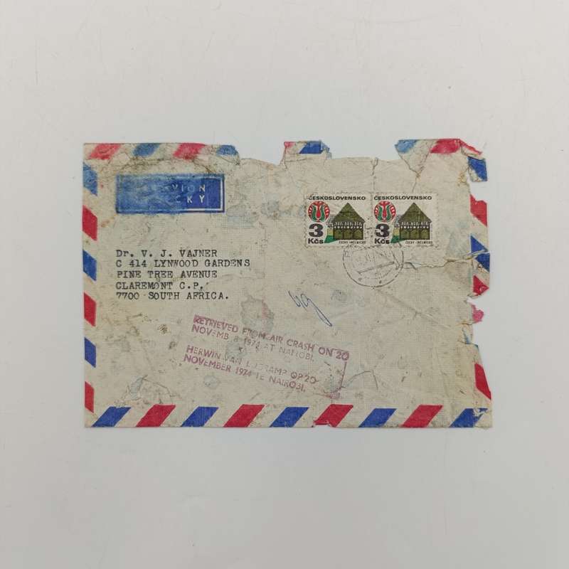 Letter posted from Czeckoslovakia to Claremont, South Africa and returned from air crash