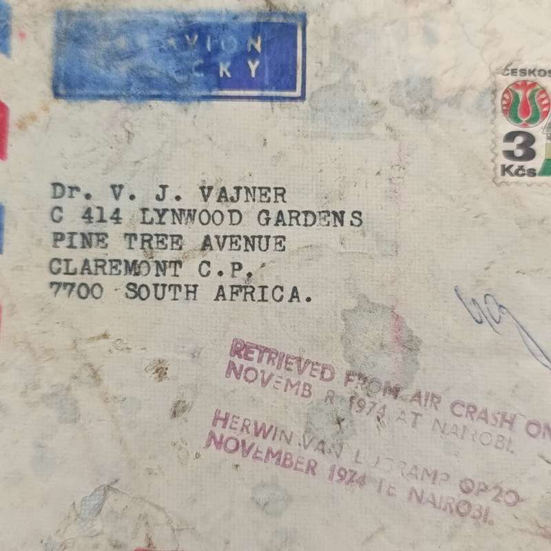 Letter posted from Czeckoslovakia to Claremont, South Africa and returned from air crash