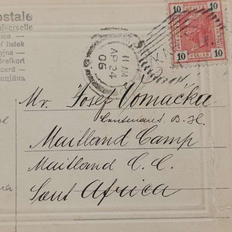 1906 Postcard from Switzerland to Maitland, South Africa - with 10 Heller stamp - one side torn