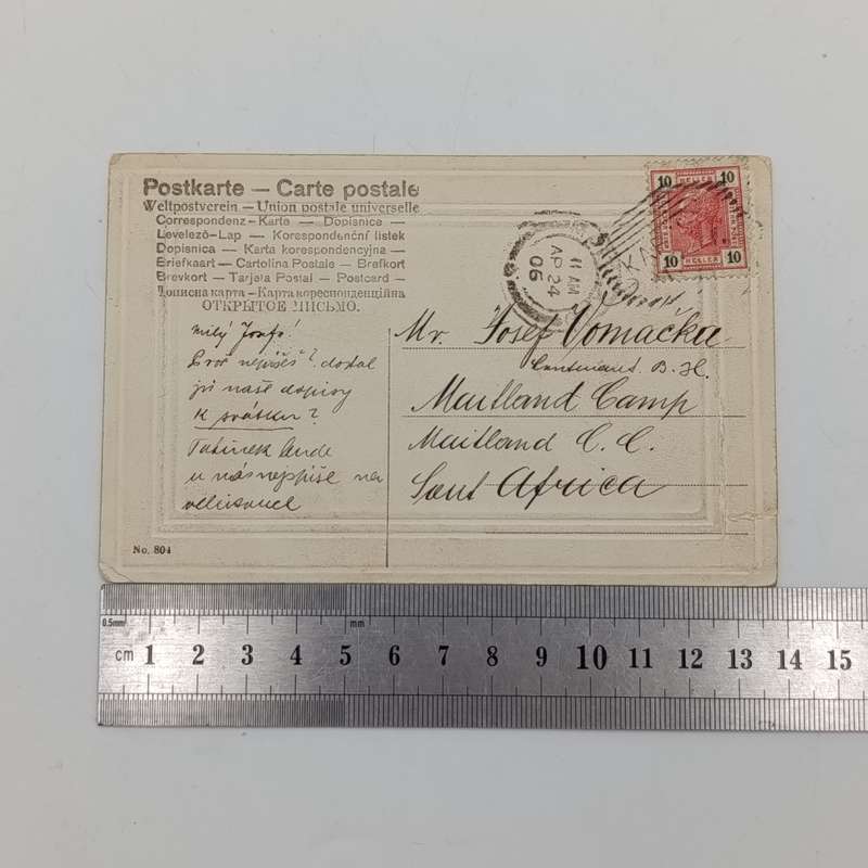 1906 Postcard from Switzerland to Maitland, South Africa - with 10 Heller stamp - one side torn