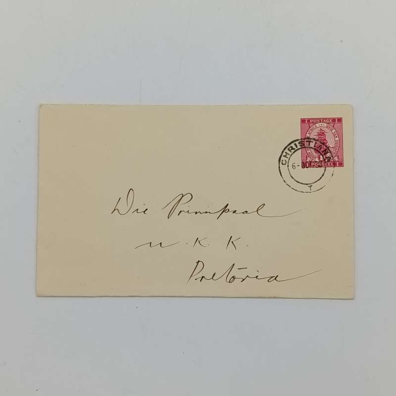 Union of South Africa preprinted Postal cover from Christiana South Africa to Pretoria South Africa
