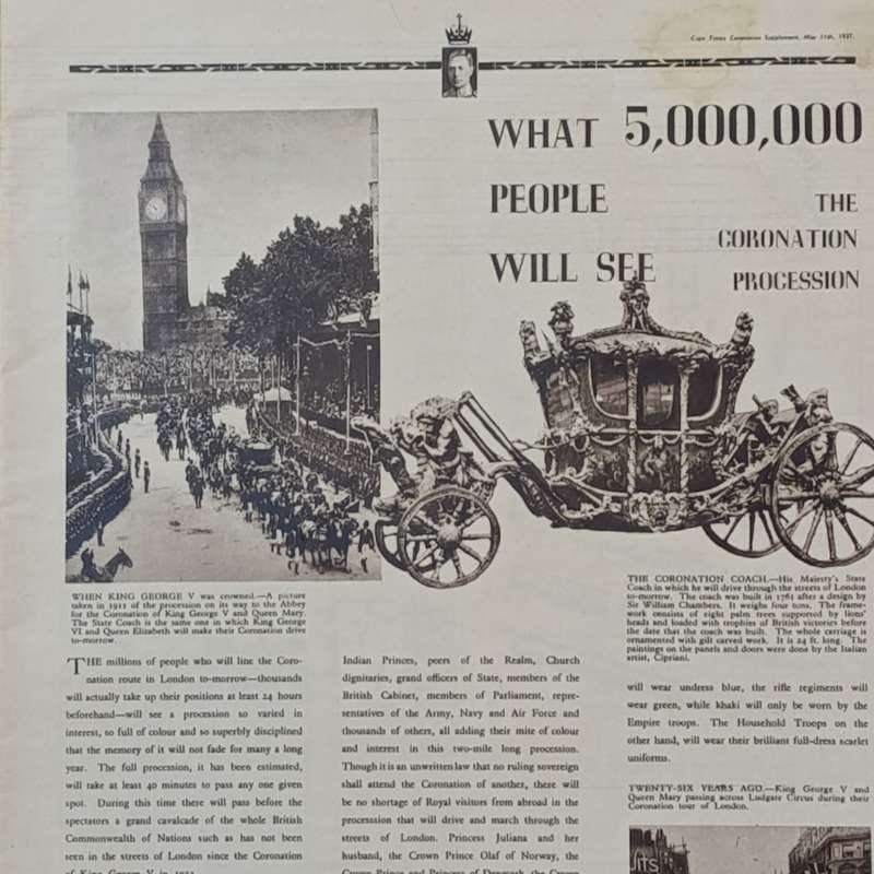 Antique news paper Cape Times Coronation Supplement May 11th, 1937 in poor condition