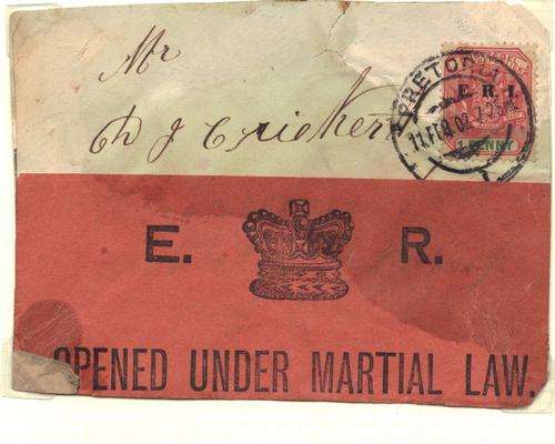 Boer War ZAR Parcel label "OPENED UNDER MARTIAL LAW" with ZAR 1 Penny cancelled Pretoria 11/02/1902