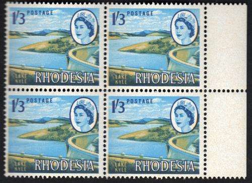 Rhodesia Mardon Printing 1/3-  Marginal block of 4 with VARIETY shift of Ocher (Brown Gum)